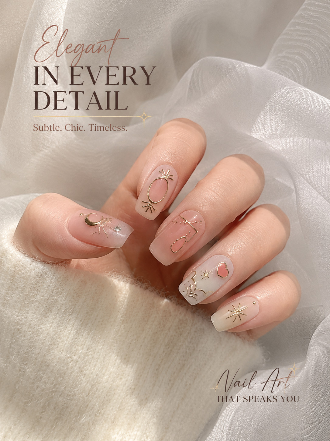 Celestial Moon and Stars Press-On-Nails | Nude Pink Square Nails – Extra Small