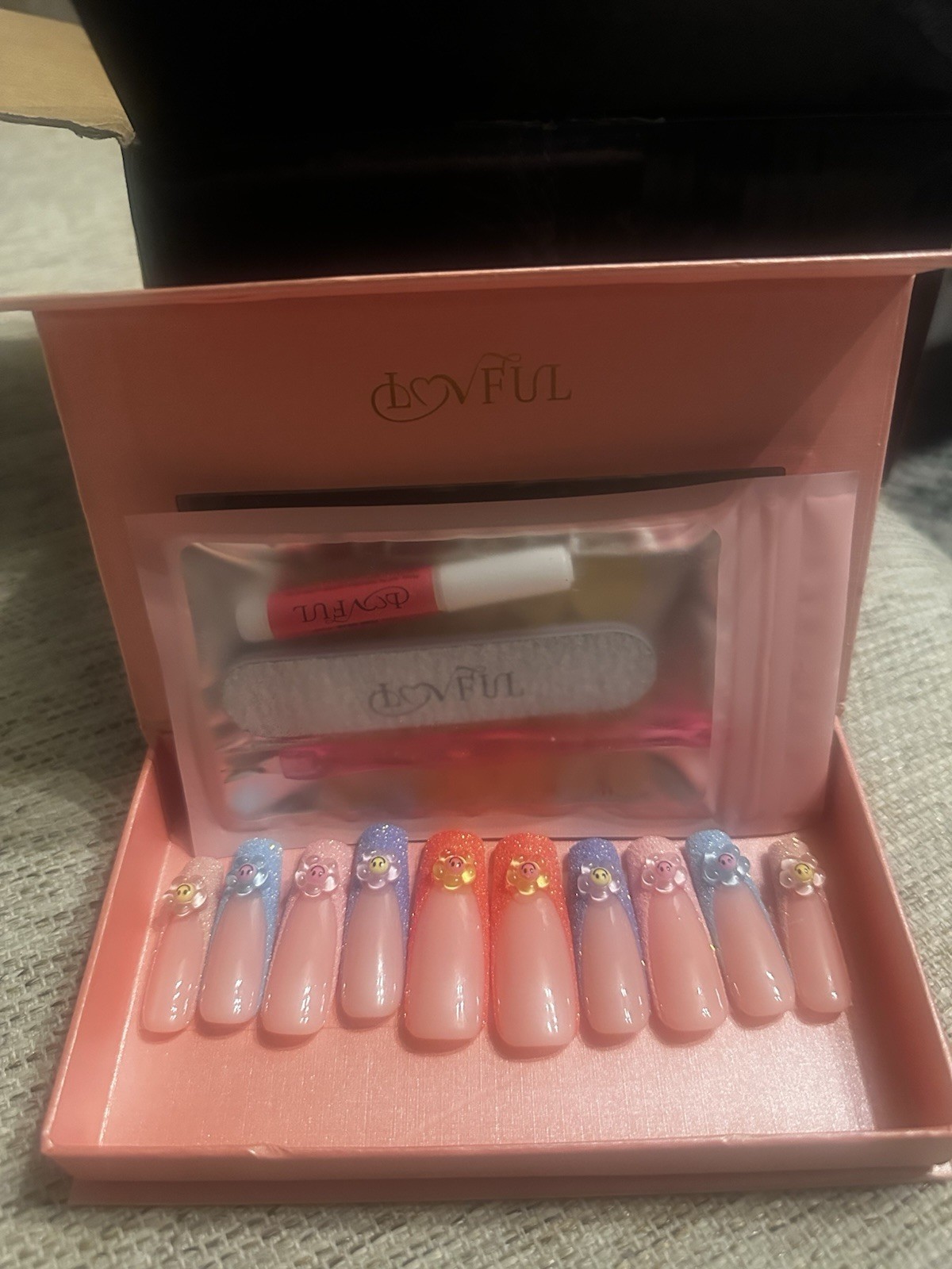Lovful Press-On Nails Long Square Multicolor 3D Full Cover – 2 sets