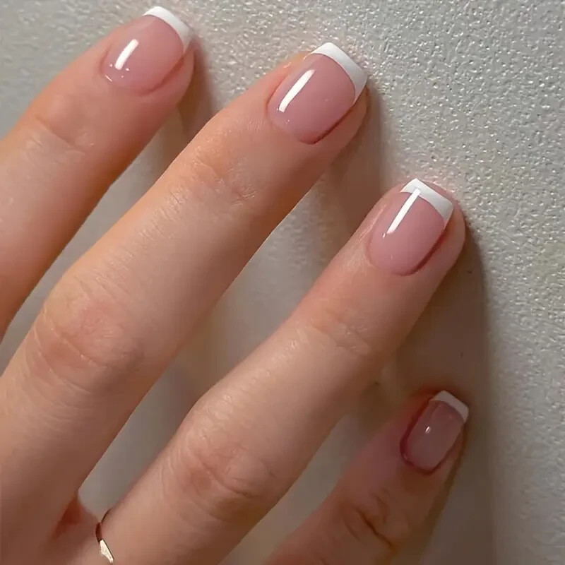 24Pcs French Manicure Press On Nails Nude Tone Square Short Length Glossy Finish