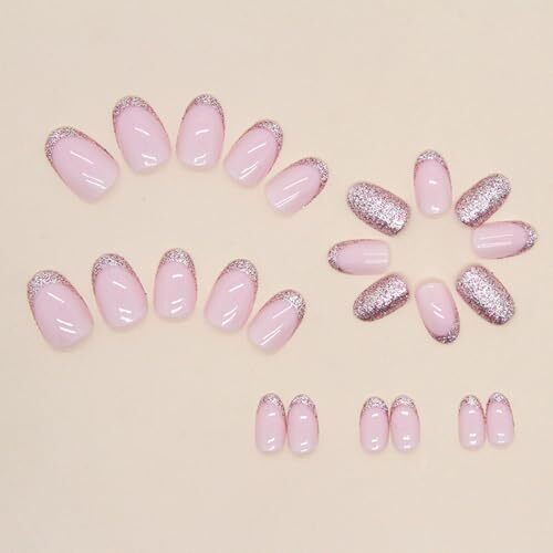 French Tip Press on Nails Short Oval Pink Fake Nails with Glitter Gold Design