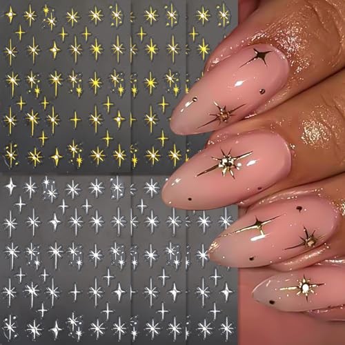 6 Sheets Star Nail Art Stickers Decals Gold Silver Cross Starlight with