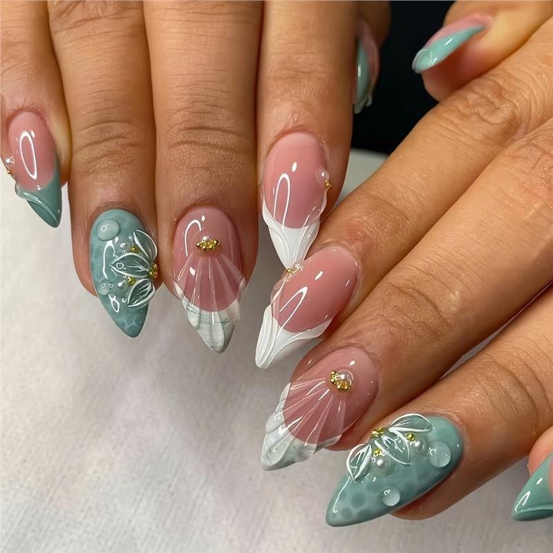 Sparkling Floral Press On Nails Almond Short Wholesale