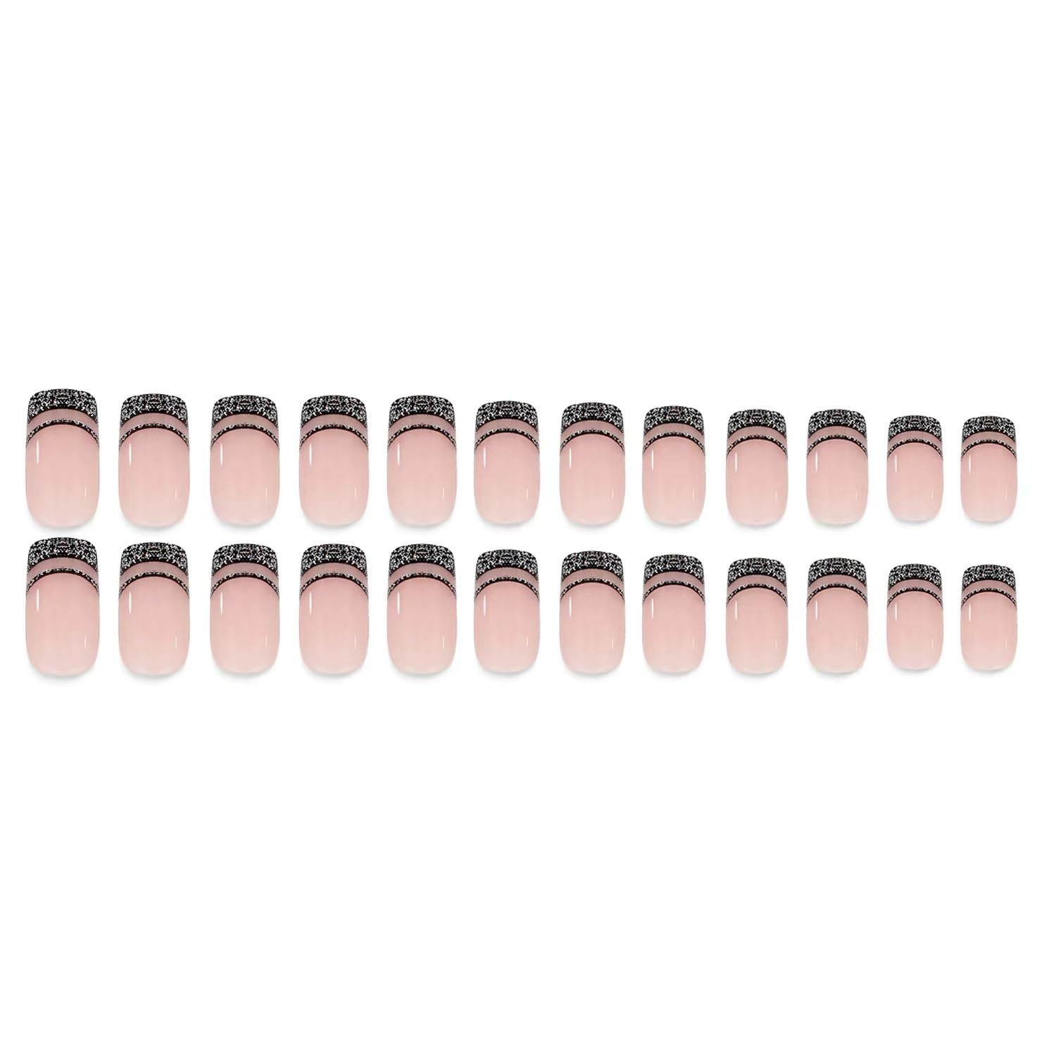Glitter Black French Tip Press On Nails Medium Square DIY Manicure Kit 24pcs