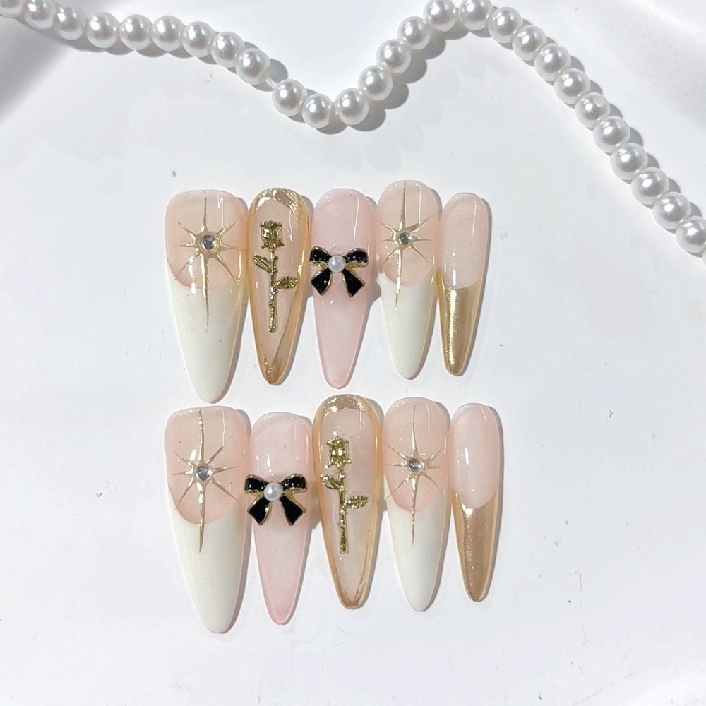 10pcs Pink White Press on Nails Mirror Rose Bow Rhinestone Almond Fake Tips