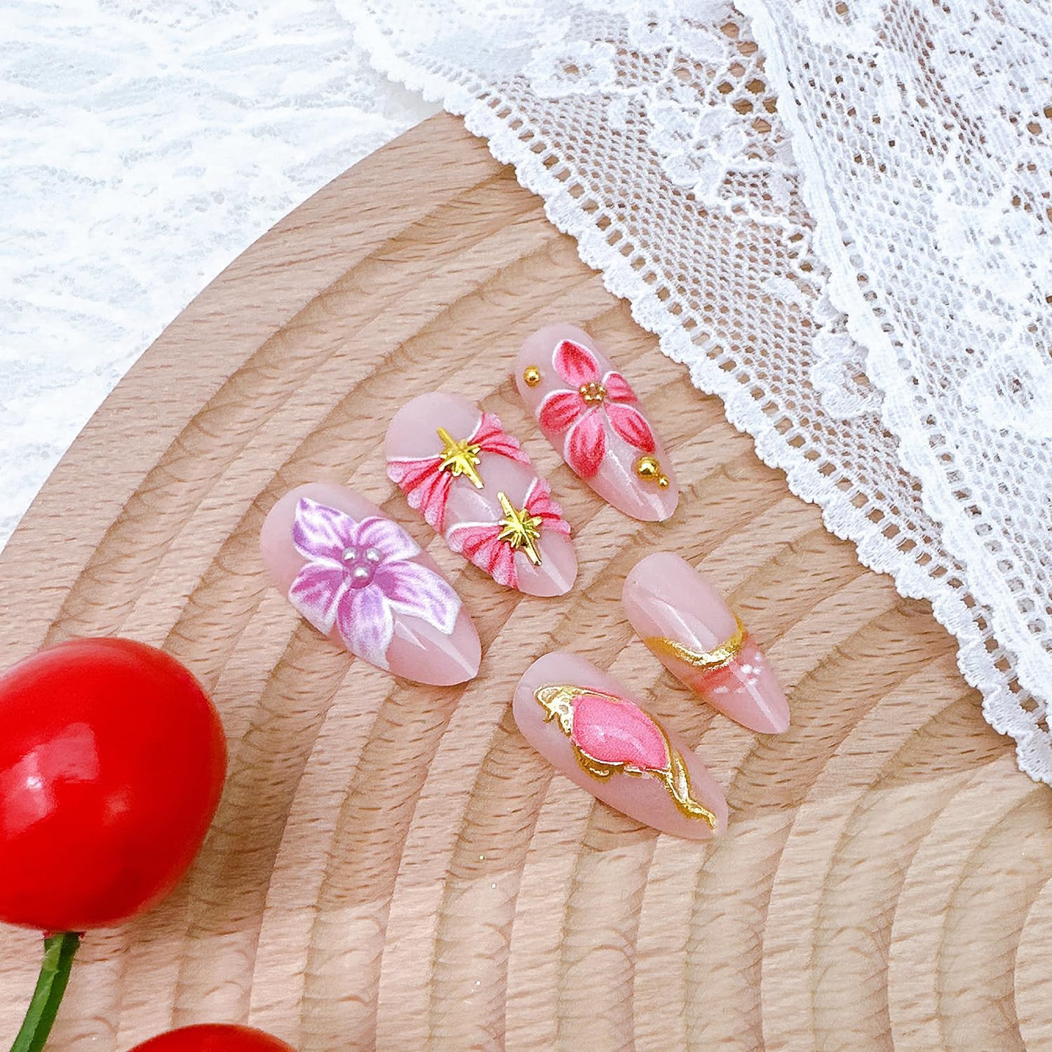 24Pcs Flower Press on Nails Medium Almond Fake Nails with Gold Beads Star Design