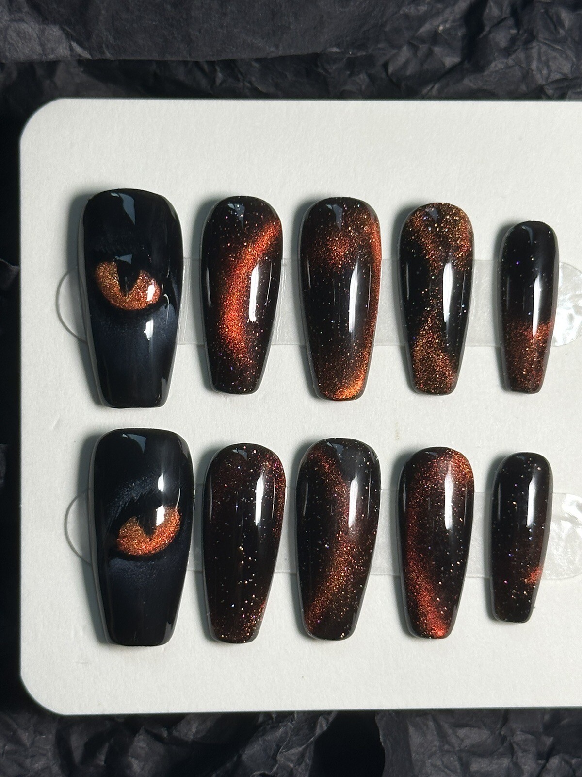 CUSTOM Black cat eye Handmade press on Gel nails long coffin Nails Set Size:S