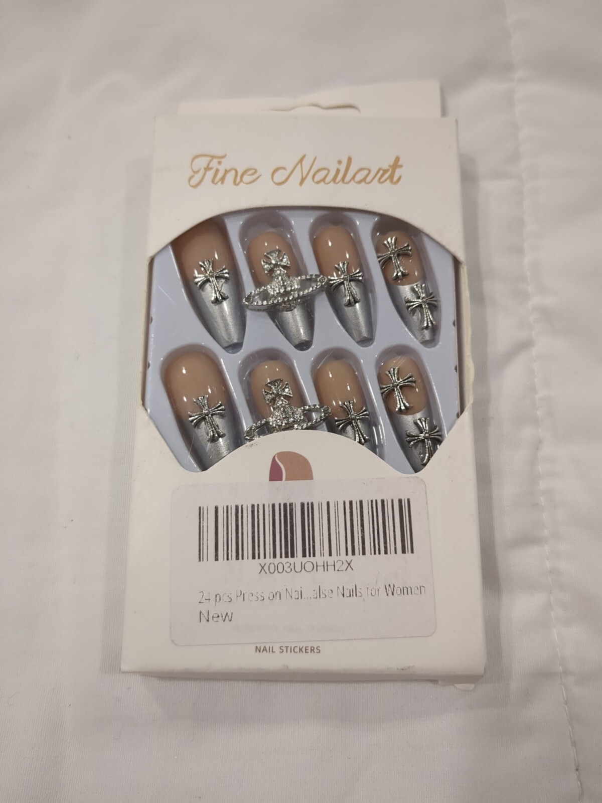 Fine Nail Art 24 Pc Long Silver Tip Coffin Nails With Cross Art- New