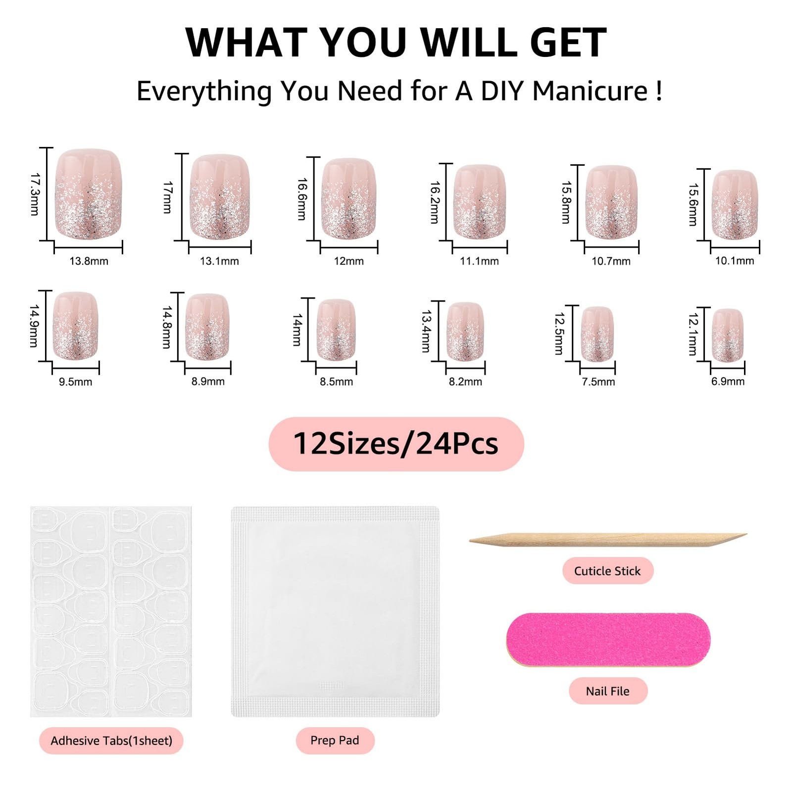 Silver Glitter French Tips Fake Nails, 24Pcs Pink Gradient Press on Nail, Spa…
