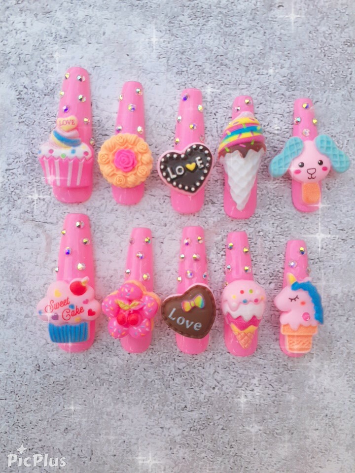 XXL -Long Pink Kawaii 3D Large Charms Junk Japanese Crystals Press on Nails