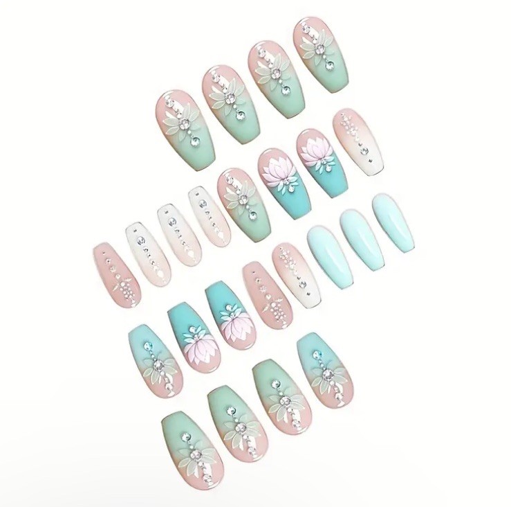 24pcs Water Lily Blue Pink Floral Nail Tips Boxed Glue & Tabs Princess Gradient