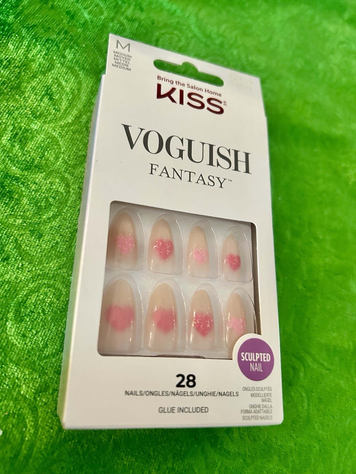 KISS Voguish Fantasy Medium Almond Press-On Nails Ombre Pink Beige Heart FV82X