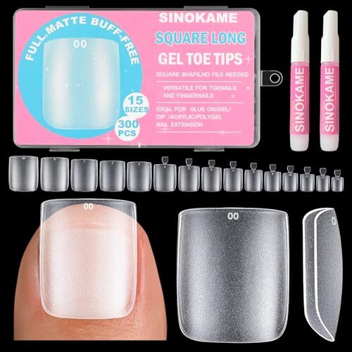 Long Square Toe Nail Tips Full Cover, Matte Soft Gel Toe Nail Press Ons