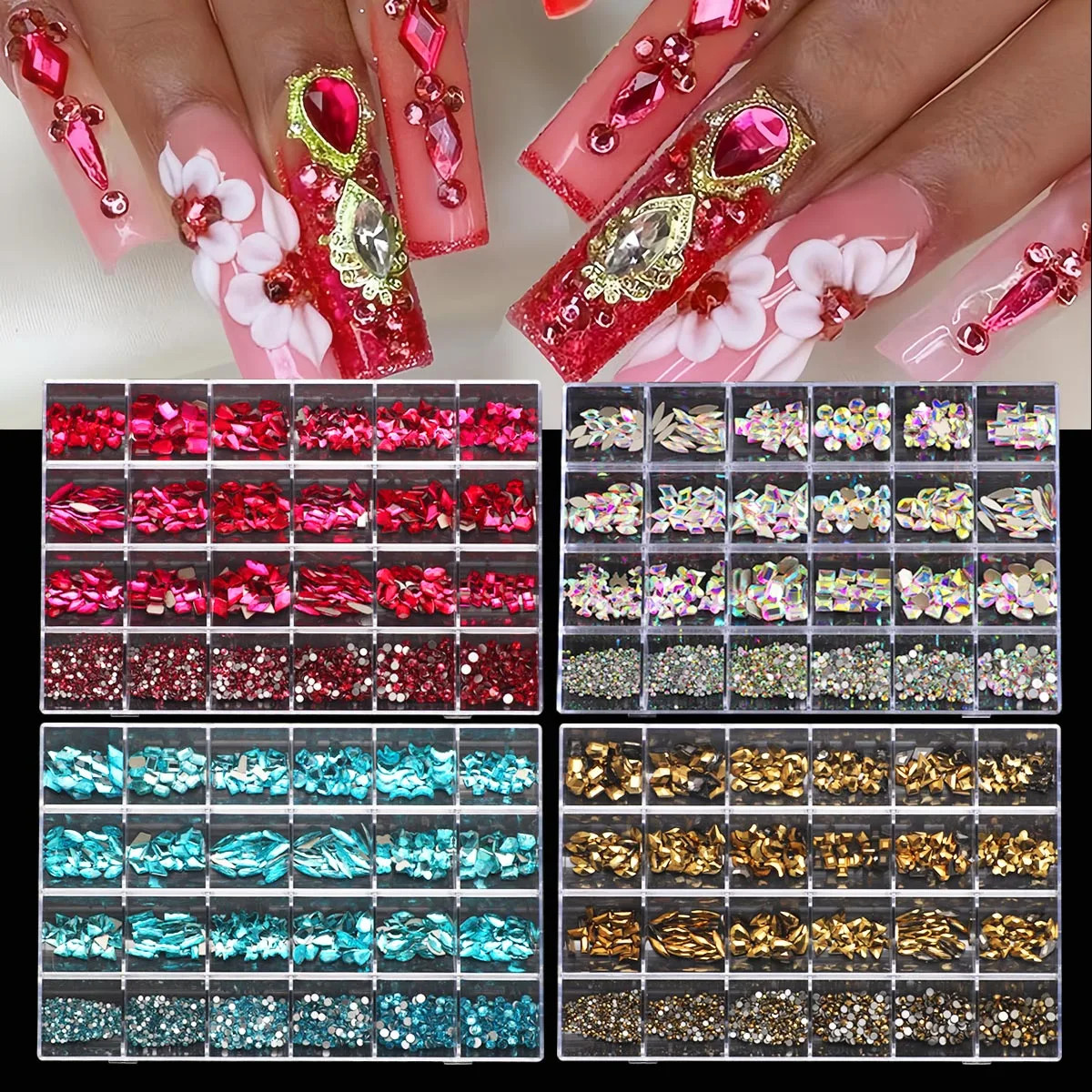 1 box of multi shaped 3D nail diamond kits 24 AB crystal gem grids flat bottom