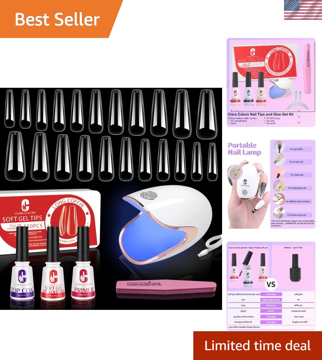550pcs Long Coffin Acrylic Nail Tips Kit with UV Lamp – Durable & Glossy Finish