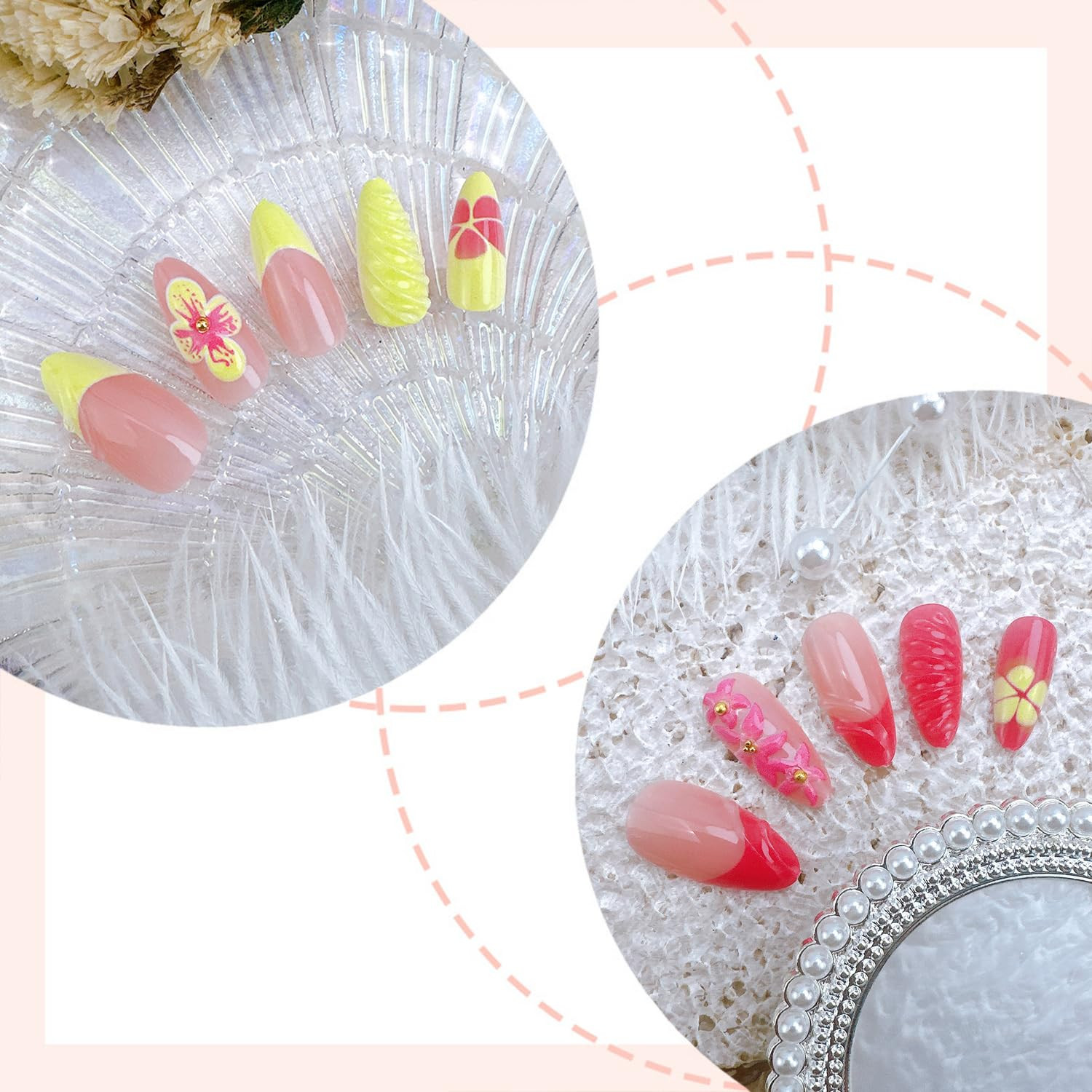 24Pcs Pink Press on Nails Medium Almond 3D French Tip Fake Nails with Gold Beads