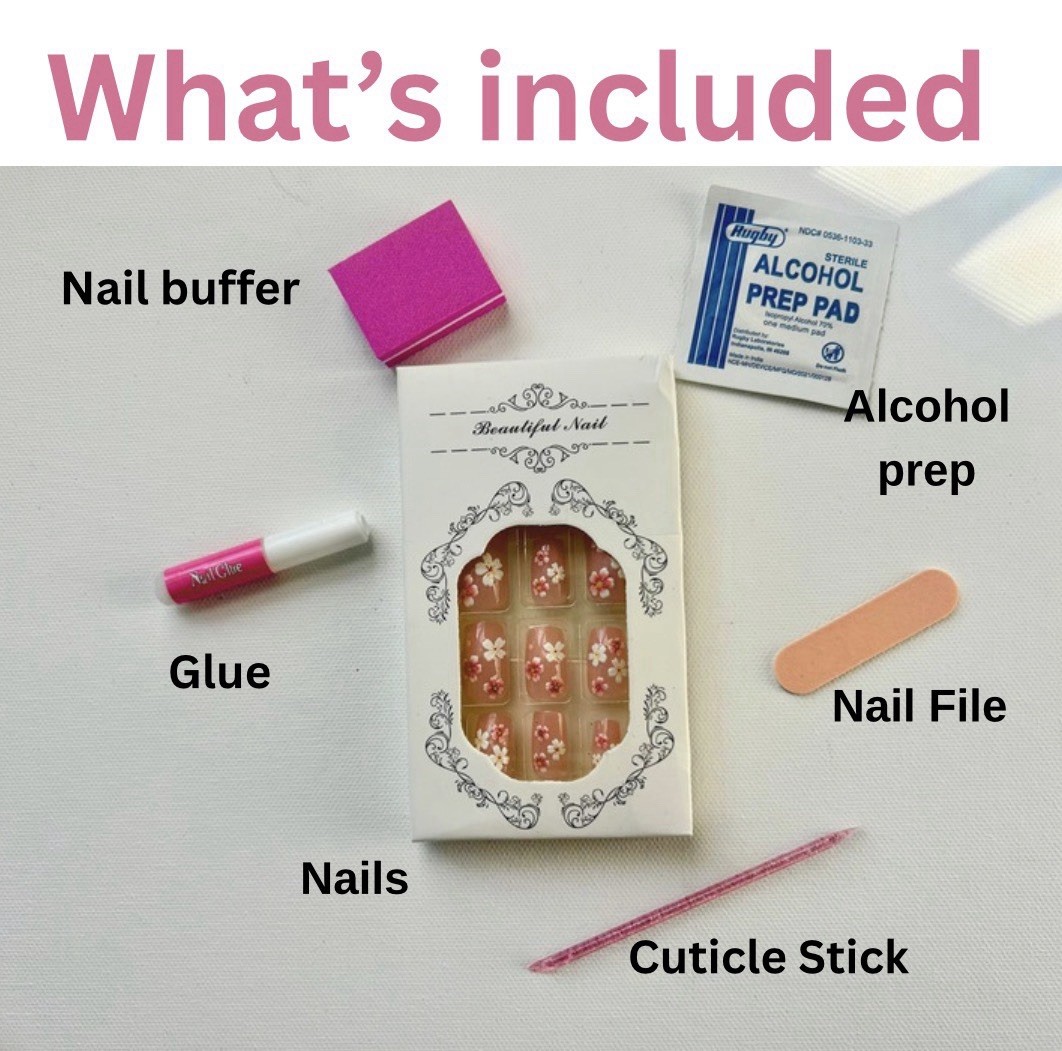 Pink White Heart Square Short Press-On Nails Shiny Pre-Designed Glue Included