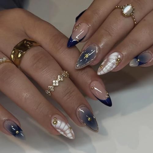 Short Almond Ombre Nails – Blue French Design C04 – Press on Nails