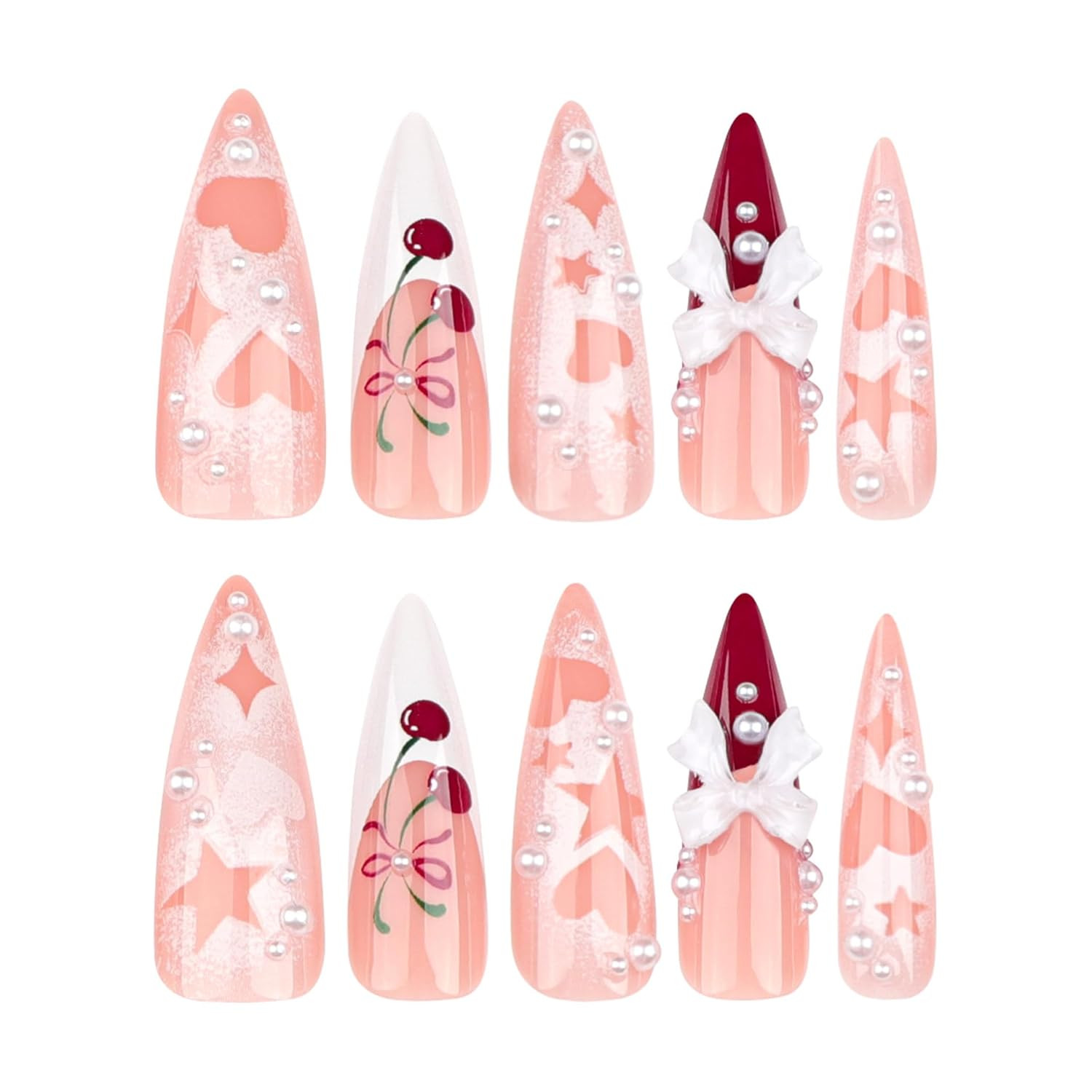 Acrylic False French Tip Nails with 3D Bow Cherry Design – 24 Pcs Set