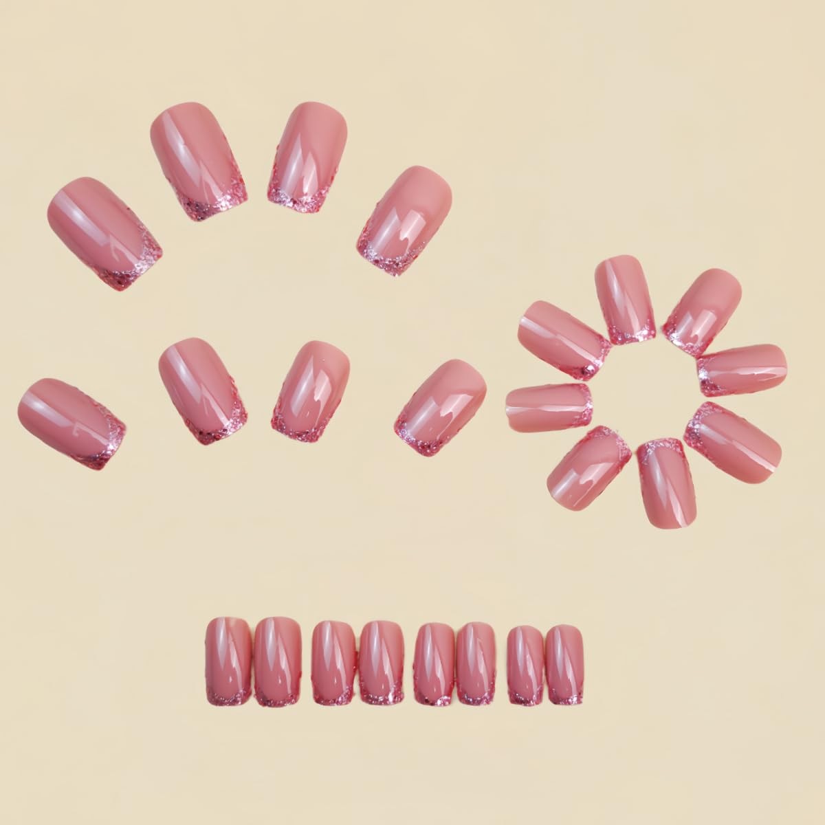 Press on Nails French Tip Fake Nails Short Square False Nails Pink Glitter Ac…