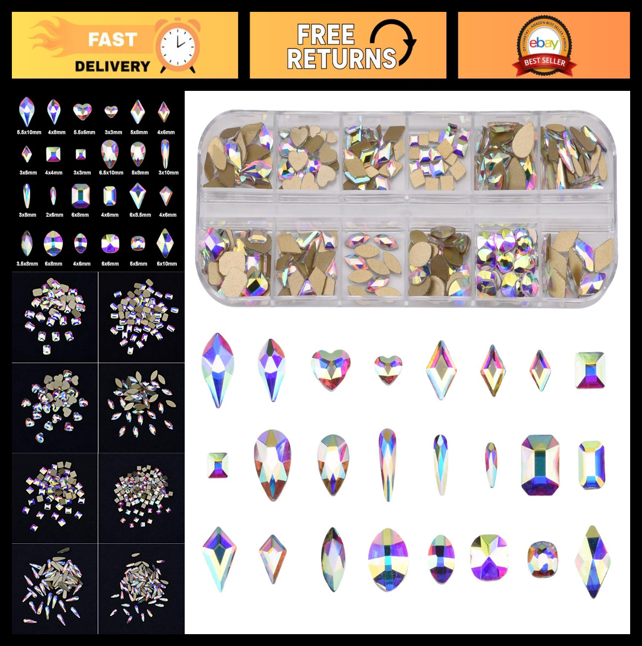 240pcs Flatback Crystals Mix – 12 Styles, Multi Sizes & Shapes for Nail Art, Cra