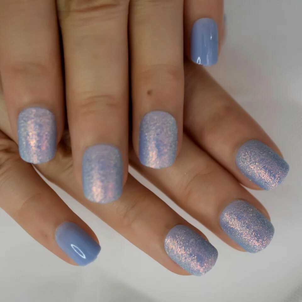 Icy Glitter Press on Nails Holographic with glue short purple blue
