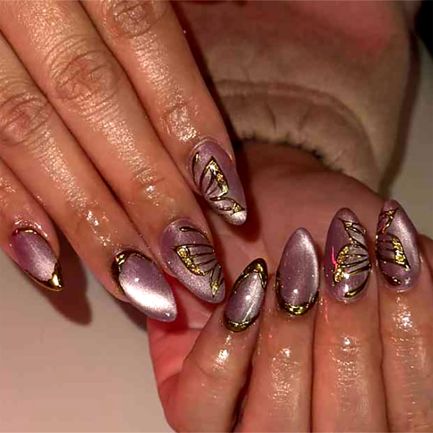 Butterfly Press on Nails Purple Almond Medium Fake Nails with Gold Accents and W