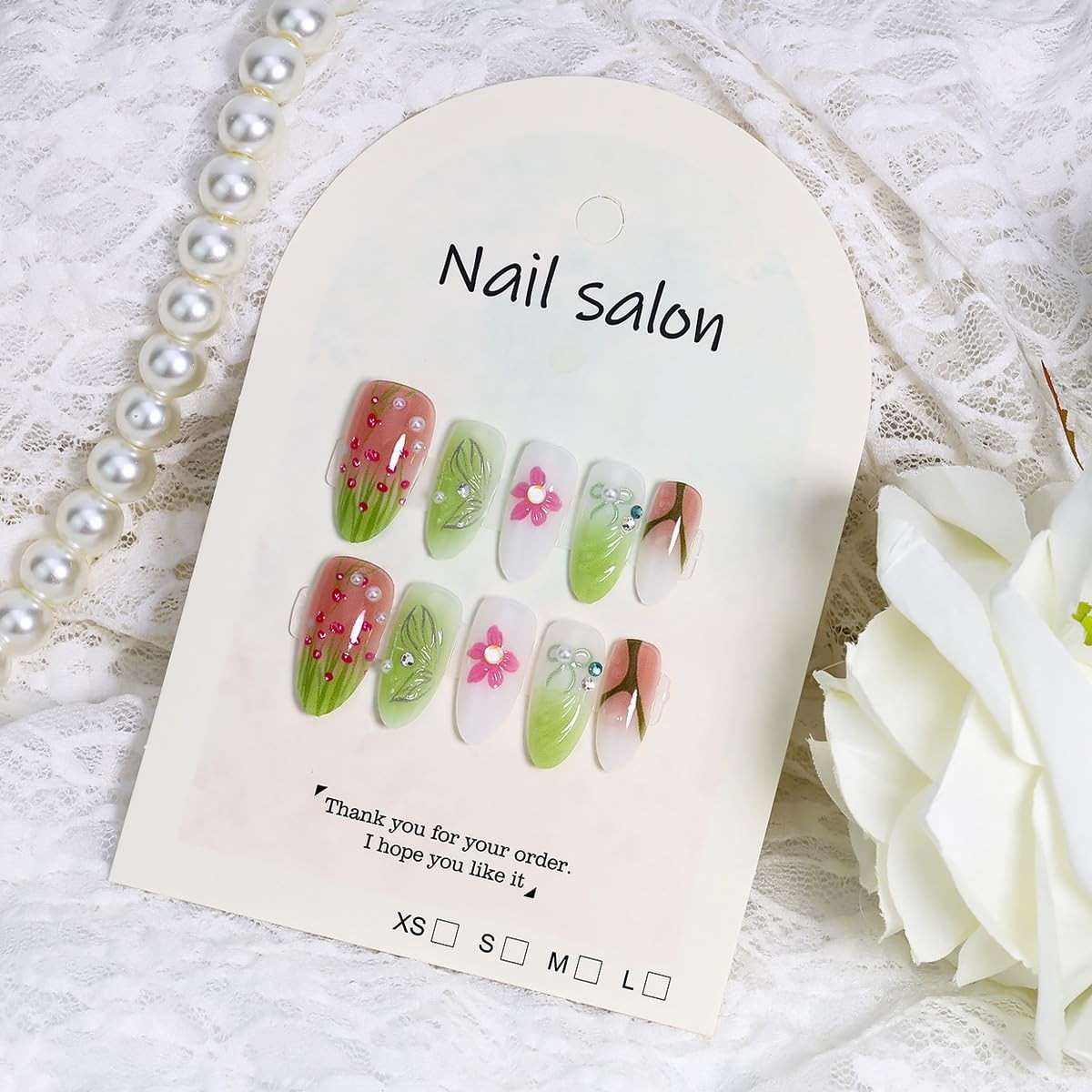 30Pcs 3D Flower Press-on Nails Medium Almond Acrylic False Nails with Bow Pea…