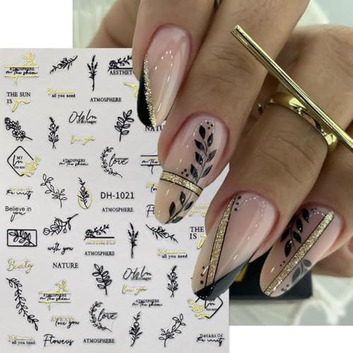 Black Gold Nail Art Stickers Decals Leaf Letter 3D Nail Decals for Nail style13