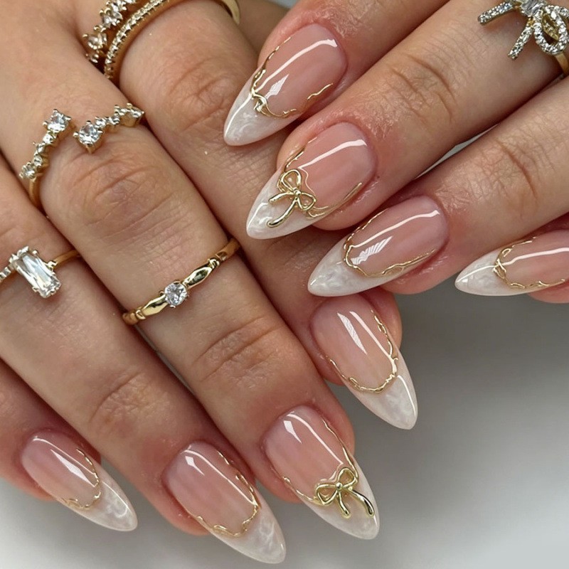60Pcs Nude White Bow Press on Nails, Medium Almond Gold Wire Elegant Fake Nails