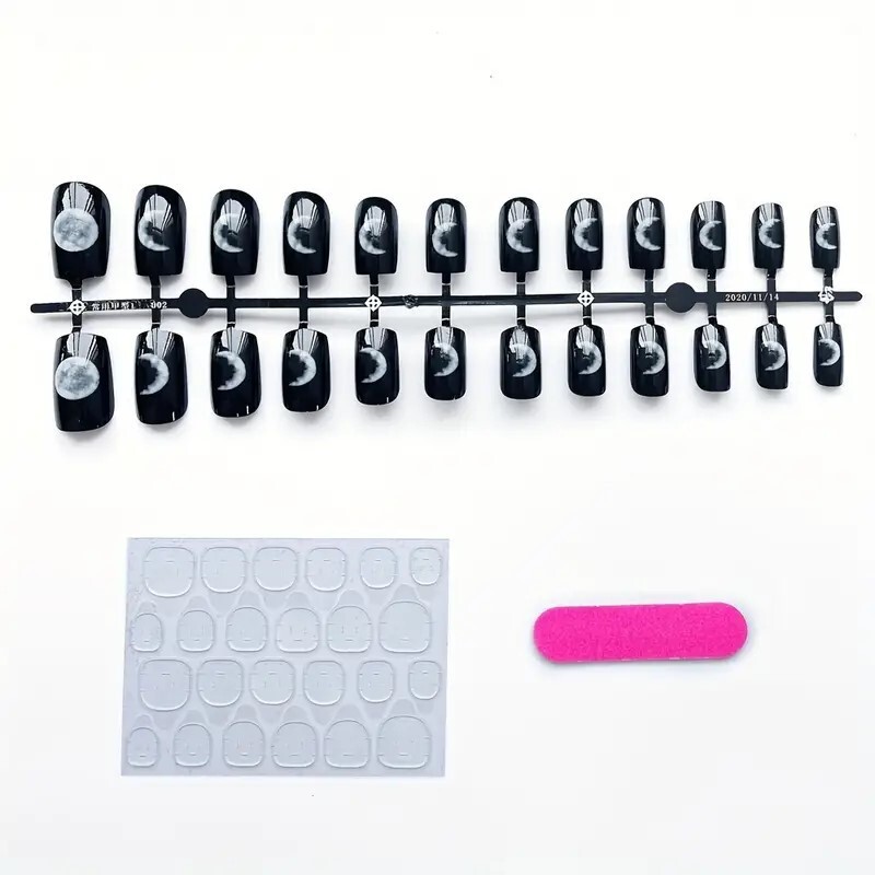 Fake Black Moon Phases Nails 24 Press On Square Style Kit Goth Punk Emo Grunge
