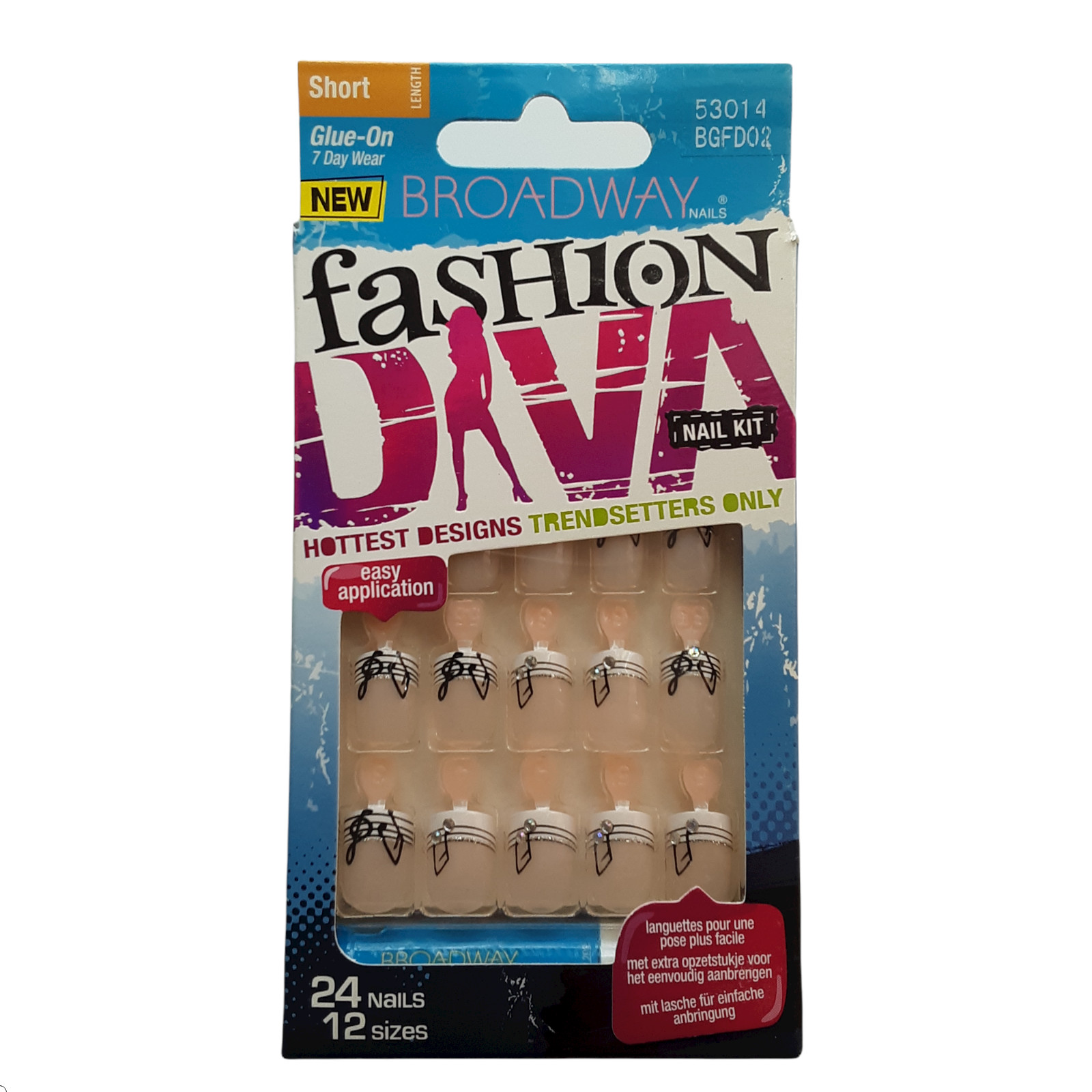 Broadway Fashion Diva Glue On Nails Short French Tip Music Notes Gems BGFD02