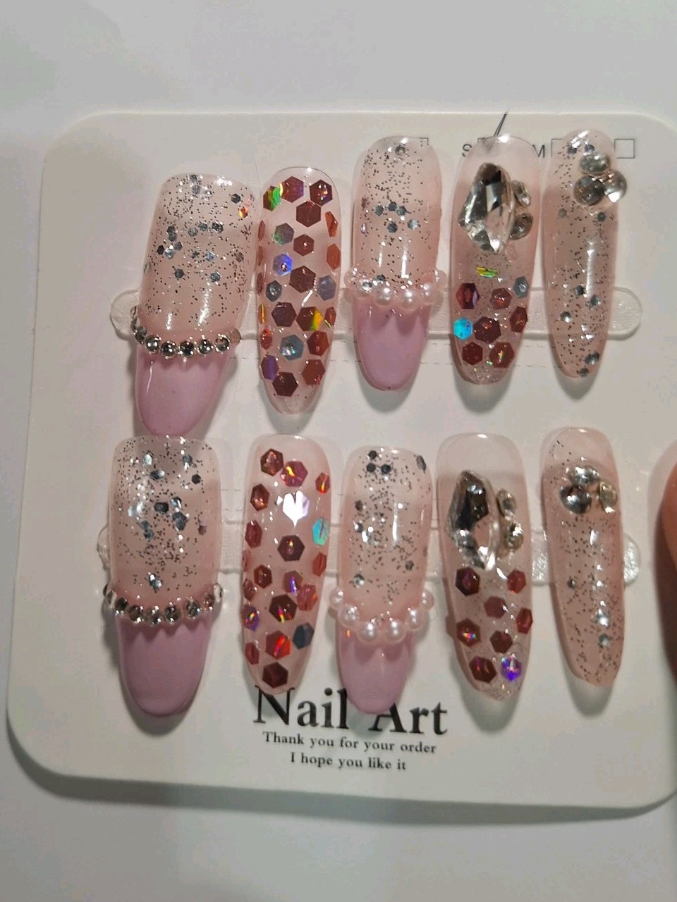 Small Press On Nails Pink Silver Multicolor Square 3D Glitter Sparkle Full Cover
