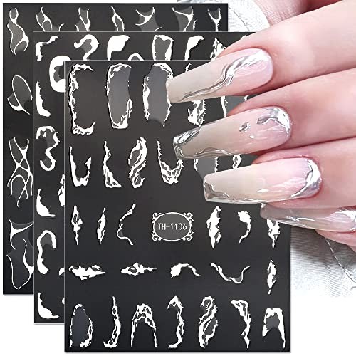 Metallic Silver Lines Nail Stickers – 6 Sheets, 3D Wave Lines, Irregular