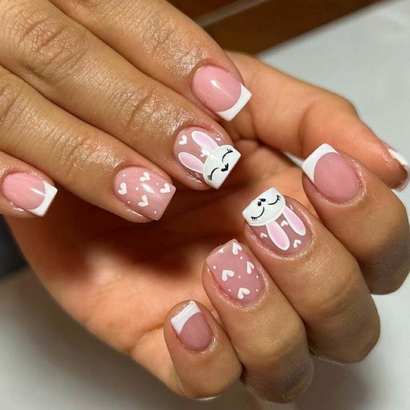 24 Pieces Short Square Press On Nail with Rabbit Designs Acrylic on Nail