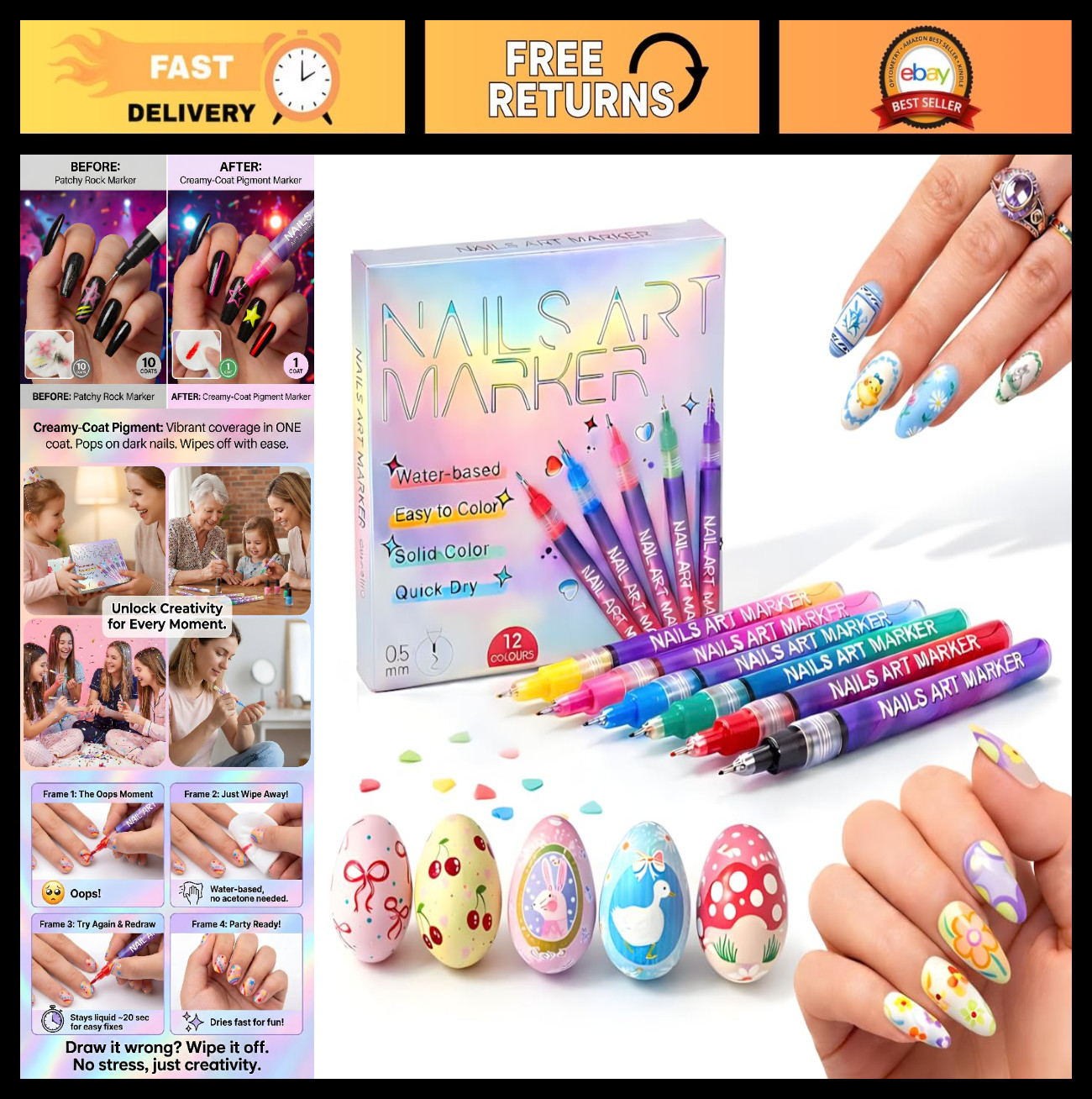12 Color Nail Art Markers Set – Fine Tip Quick Dry Pens for Easy DIY Nail Design