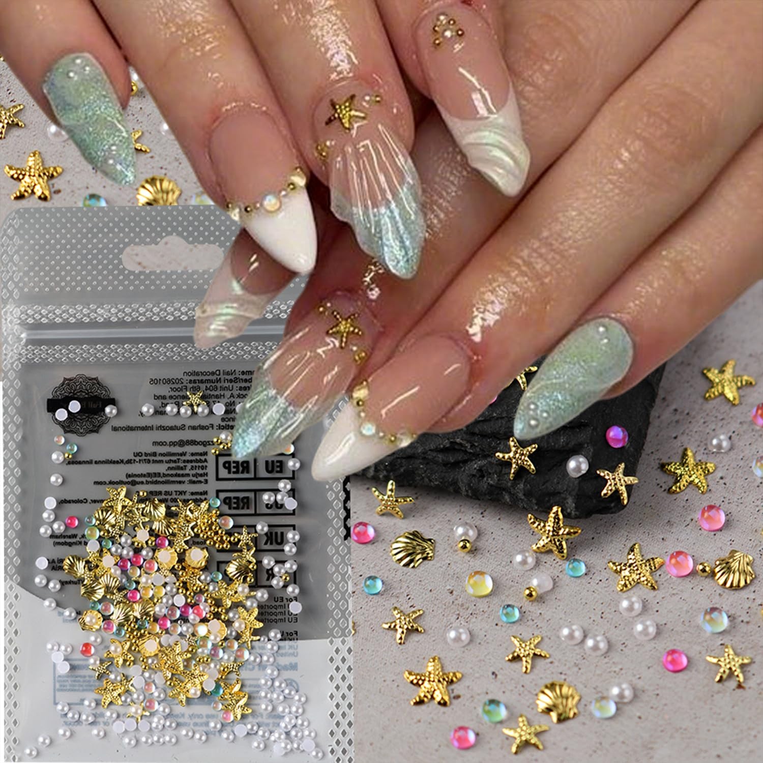 Summer Ocean Nail Studs 3D Gold Starfish Sea Shell Nail Art Charms with Pearl…