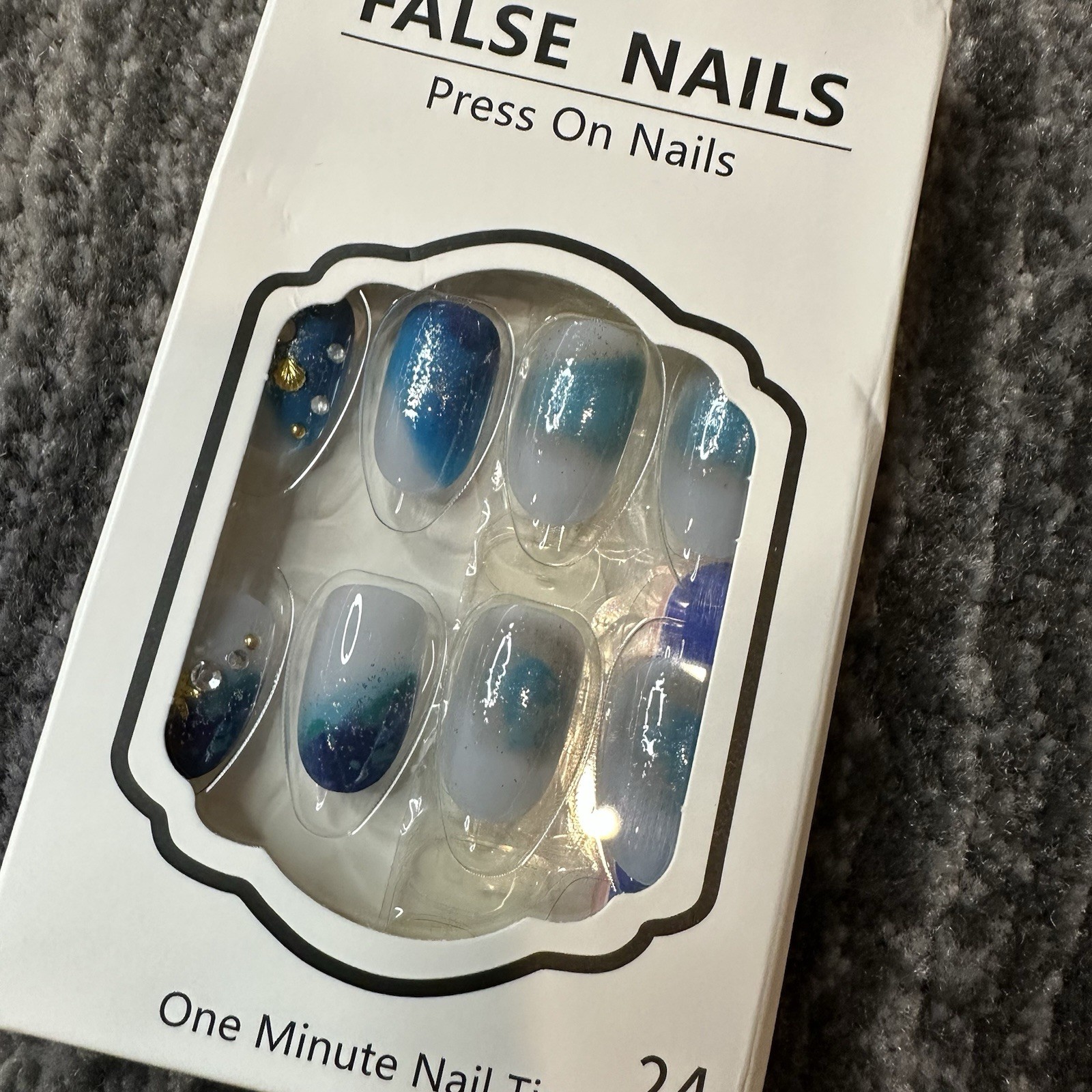 Fake Nails 3D Blue Press On 24 Pack Kit Shell Ocean Gradient Medium Oval New