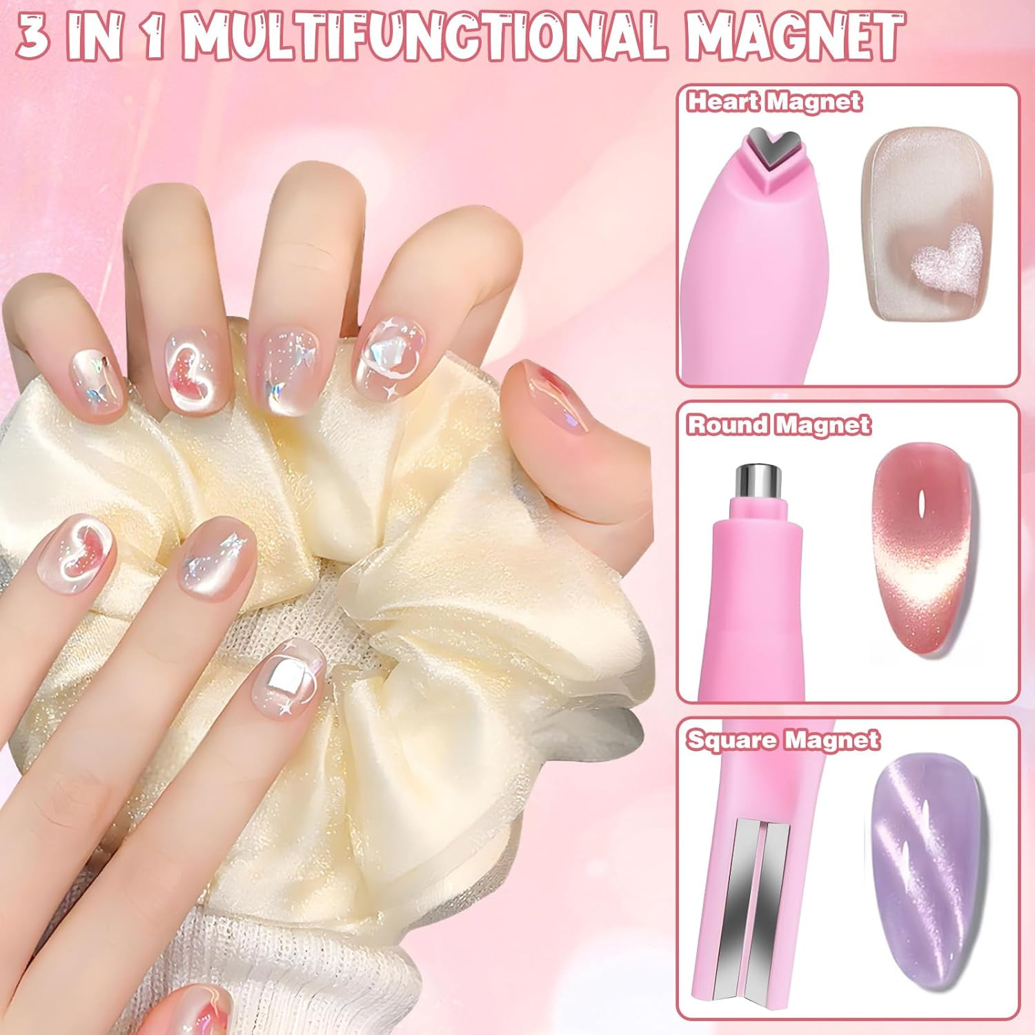 4Pcs Cat Eye Nail Magnet Kit, 3-In-1 Magnet for Gel Polish with Dual-Ended Pen &