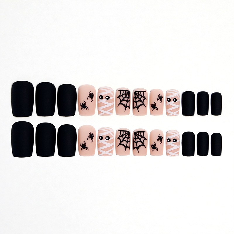 48Pcs-Medium Square Matte Black Nude Mummy Spider Web Halloween Press on Nails
