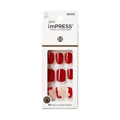 KISS imPRESS No Glue Mani Press On Nails, Design, ‘Adore You’, Red, Short…
