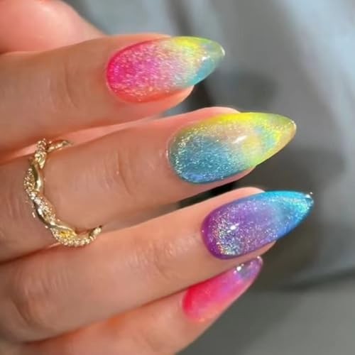 24 Pcs Cat Eye Summer Press on Nails Short Almond Colorful Fake Nails AH-01