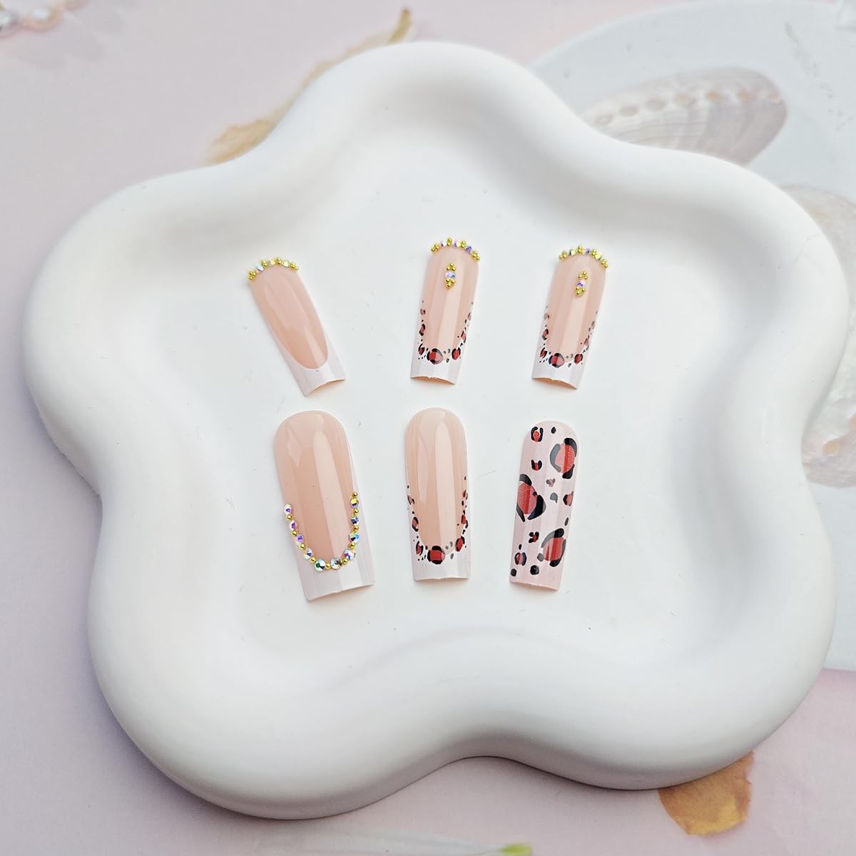 24 Pcs French Tip Press on Nails Long Coffin Leopard Fake Nails with Rhinesto…