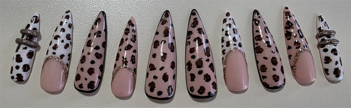 10 Pcs Press On Nails Custom Gel Pink Nude Leopard Print Full Set Long Nail +Kit