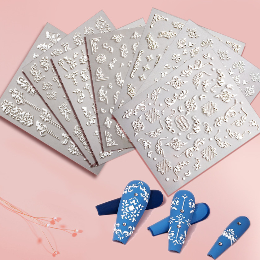 5D Embossed Butterfly Lace Flowers Snowflake Nail Stickers Sliders Manicure NS54