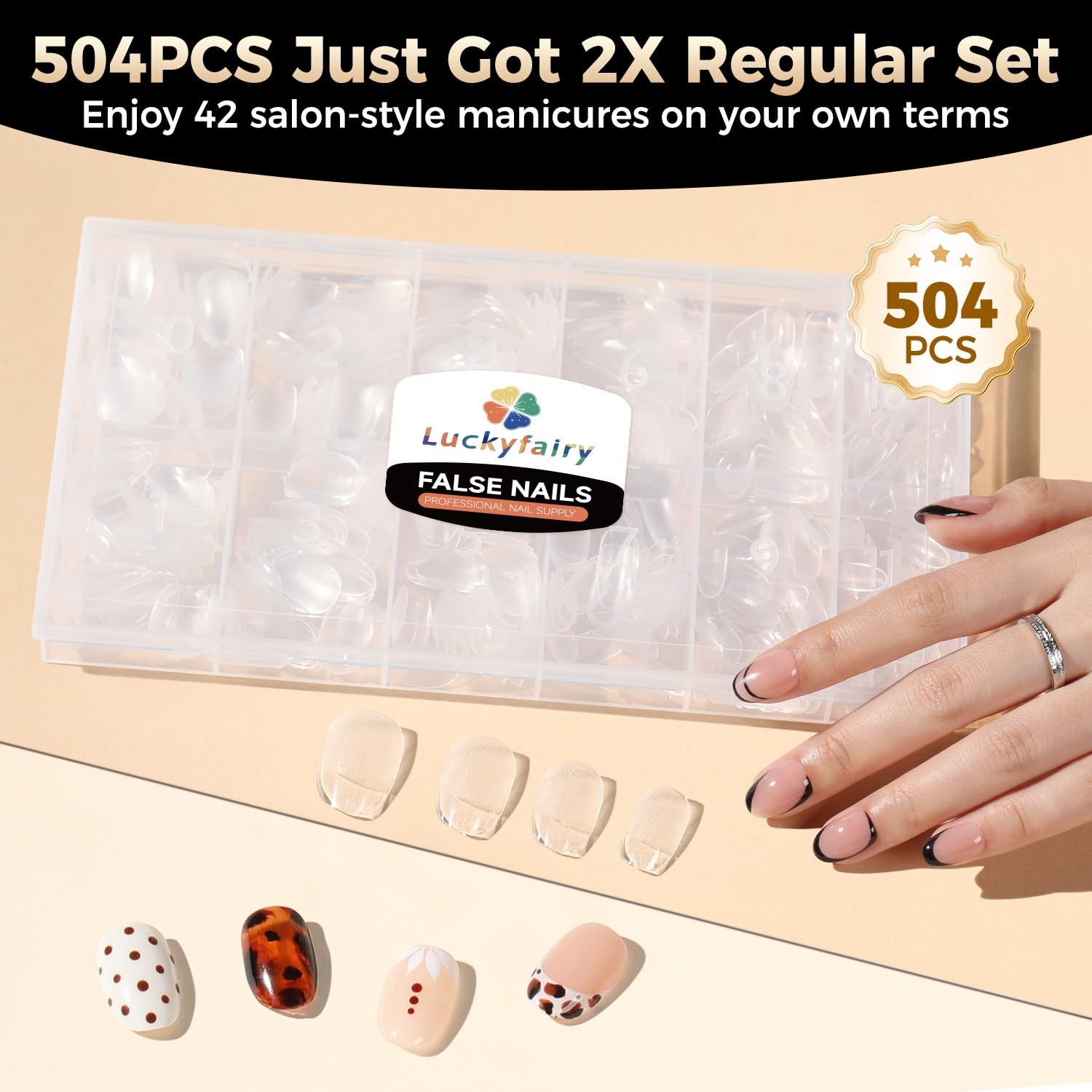 Short Oval Round Nail Tips: 504Pcs Tri-Layer Core Soft 12 Sizes, black, white