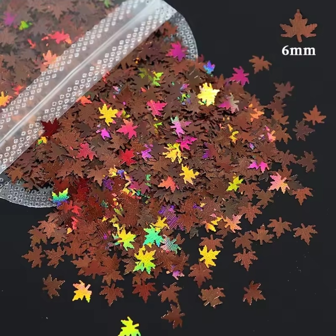 Brown Holographic Nail Glitter Maple Leaf 1tsp In A Minibag