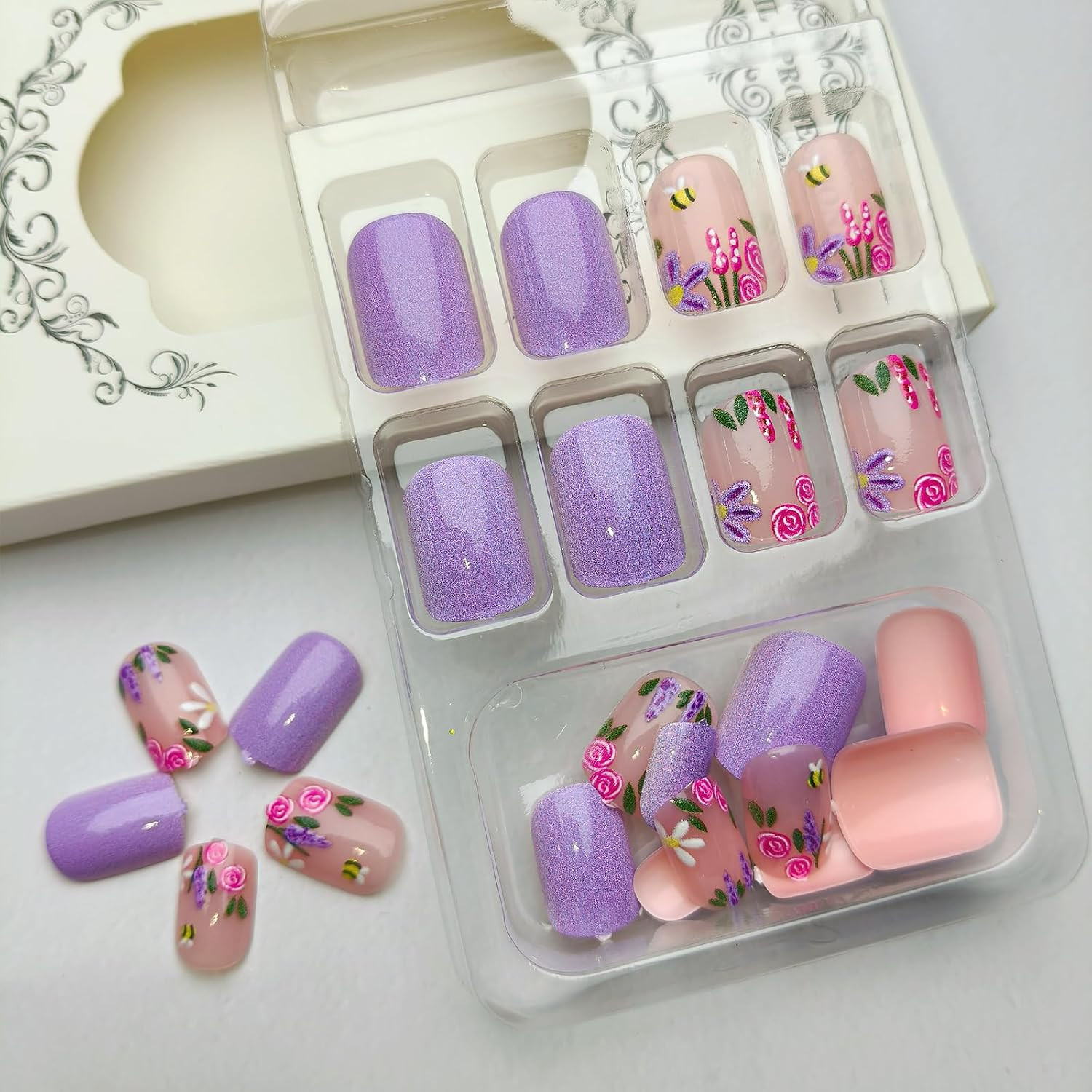Purple Flower Press on Nails Short Almond Spring Fake Nails with Purple Flower B