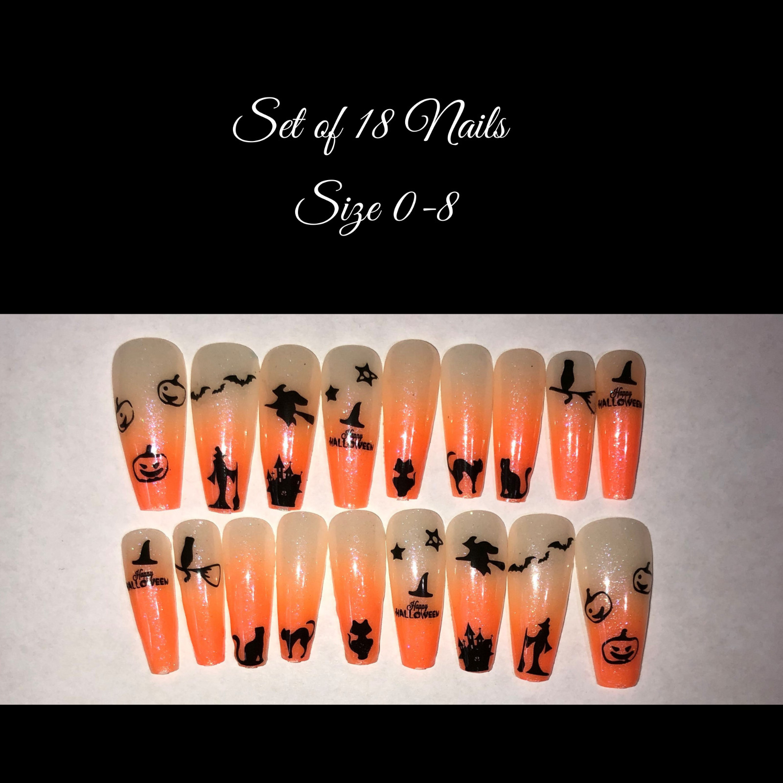 Orange Sparkle- press on nail set-(Set of 18 sizes 0-8) Ex Long Ballerina