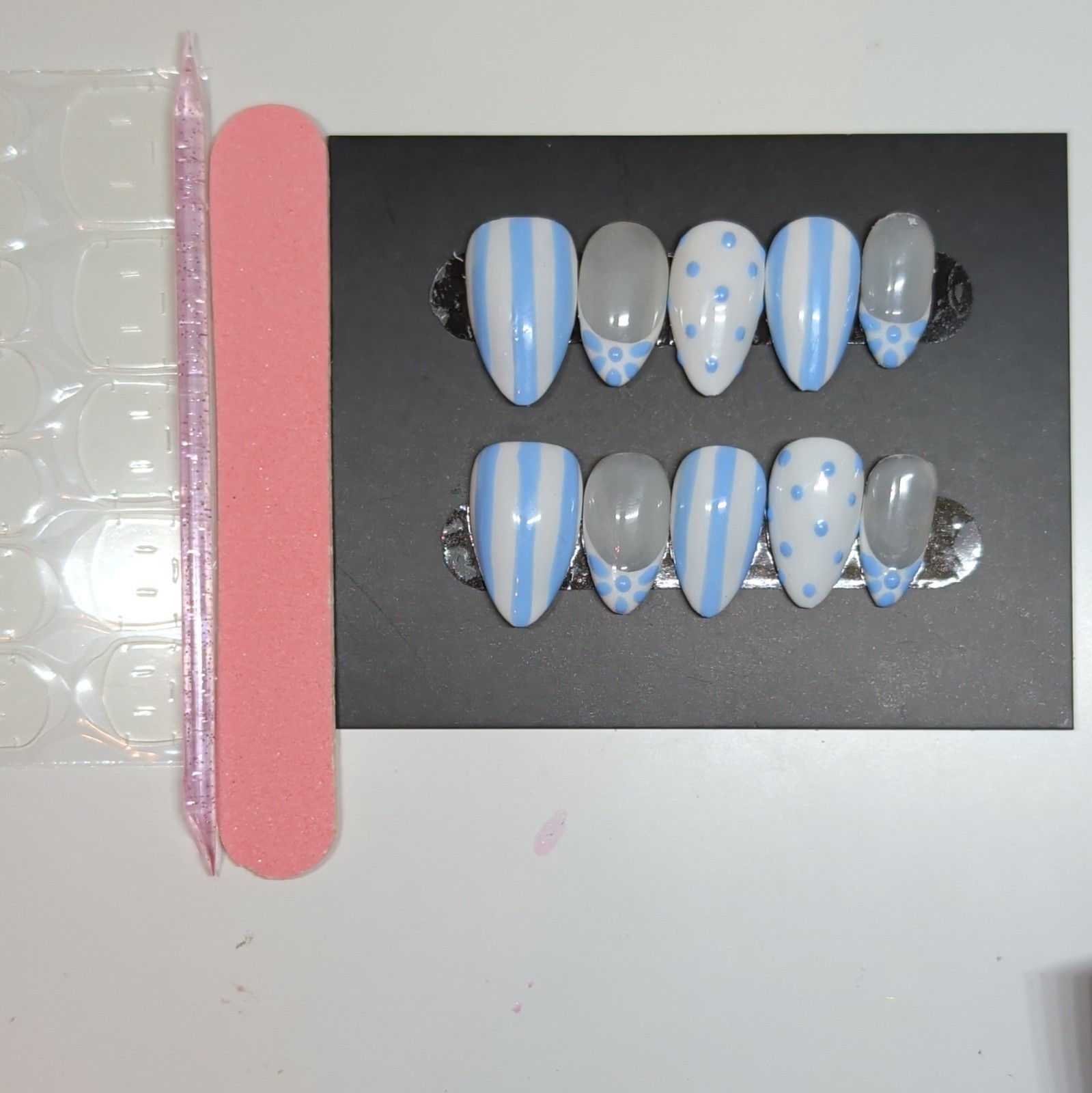 10 Piece Medium Almond Press-On Nails, Full Cover Shiny Blue White Polka!