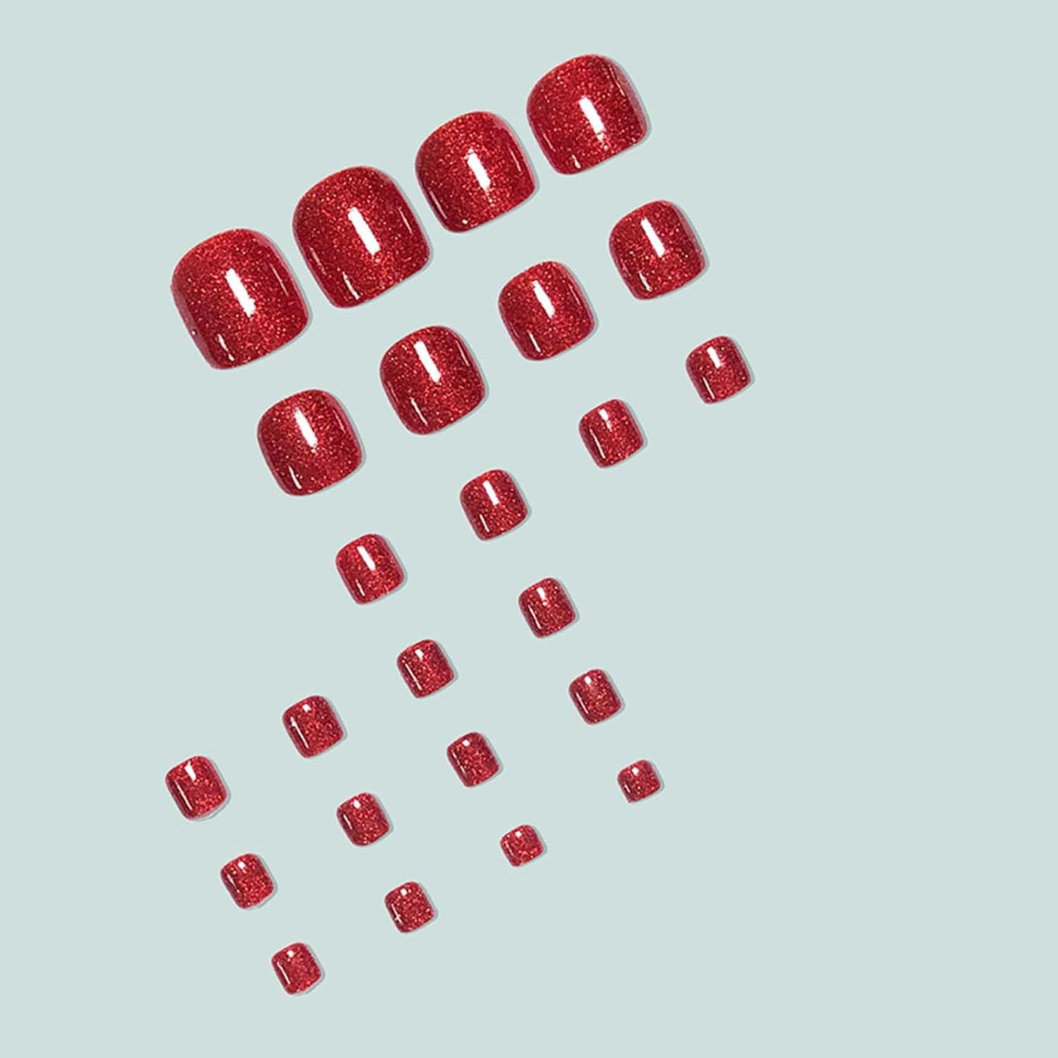 Red Press on Toenails Short Square Fake Toe Nails Red Glitter False Toenails Glo
